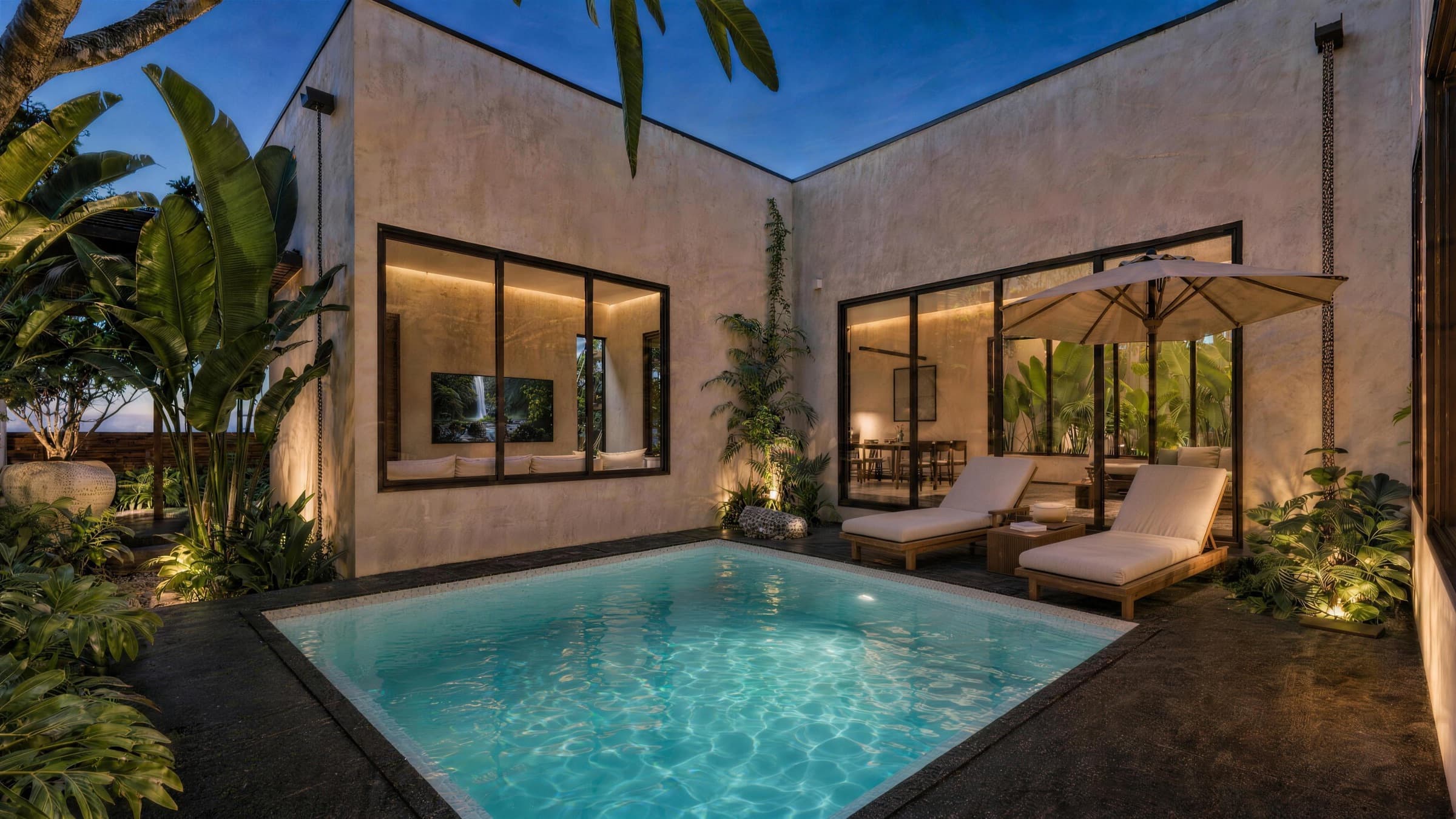 Courtyard plunge pool at dusk
