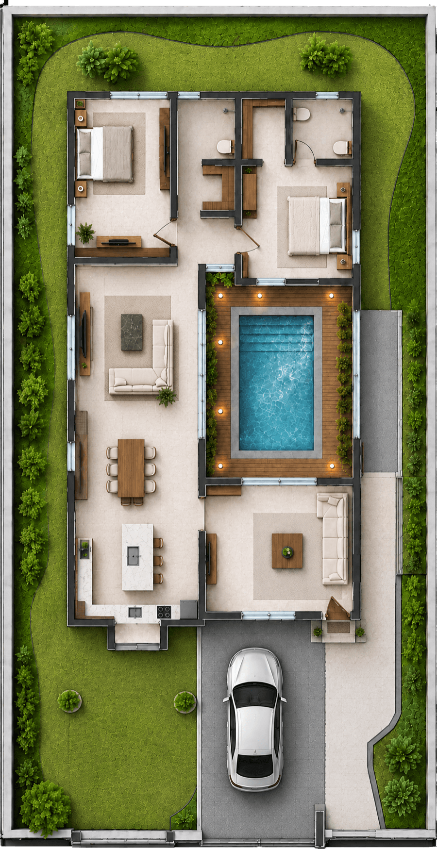 east-facing villa floor plan, top view